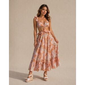 Dress Forum LA Floral Cutout Maxi Dress M Peach Boho Tie Front Ruffle Hem